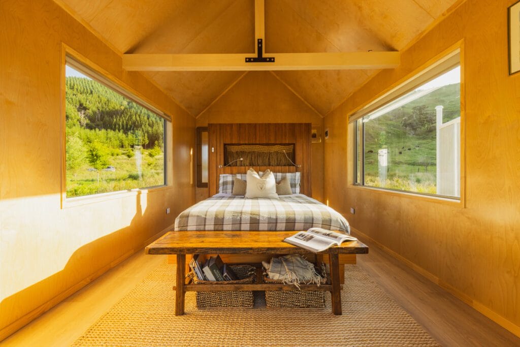 Fox Cabins Tiny Home Cabin for Manutuke Eco Retreat with Colorsteel Cladding for Off Grid accomodation