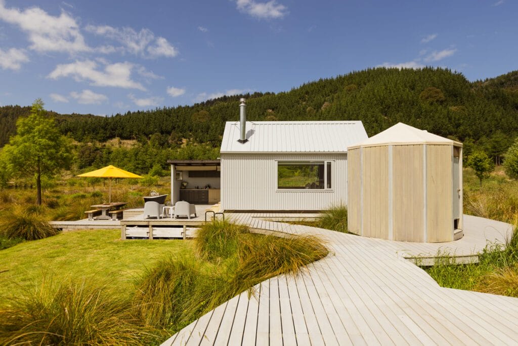 Fox Cabins Tiny Home Cabin for Manutuke Eco Retreat with Colorsteel Cladding for Off Grid accomodation