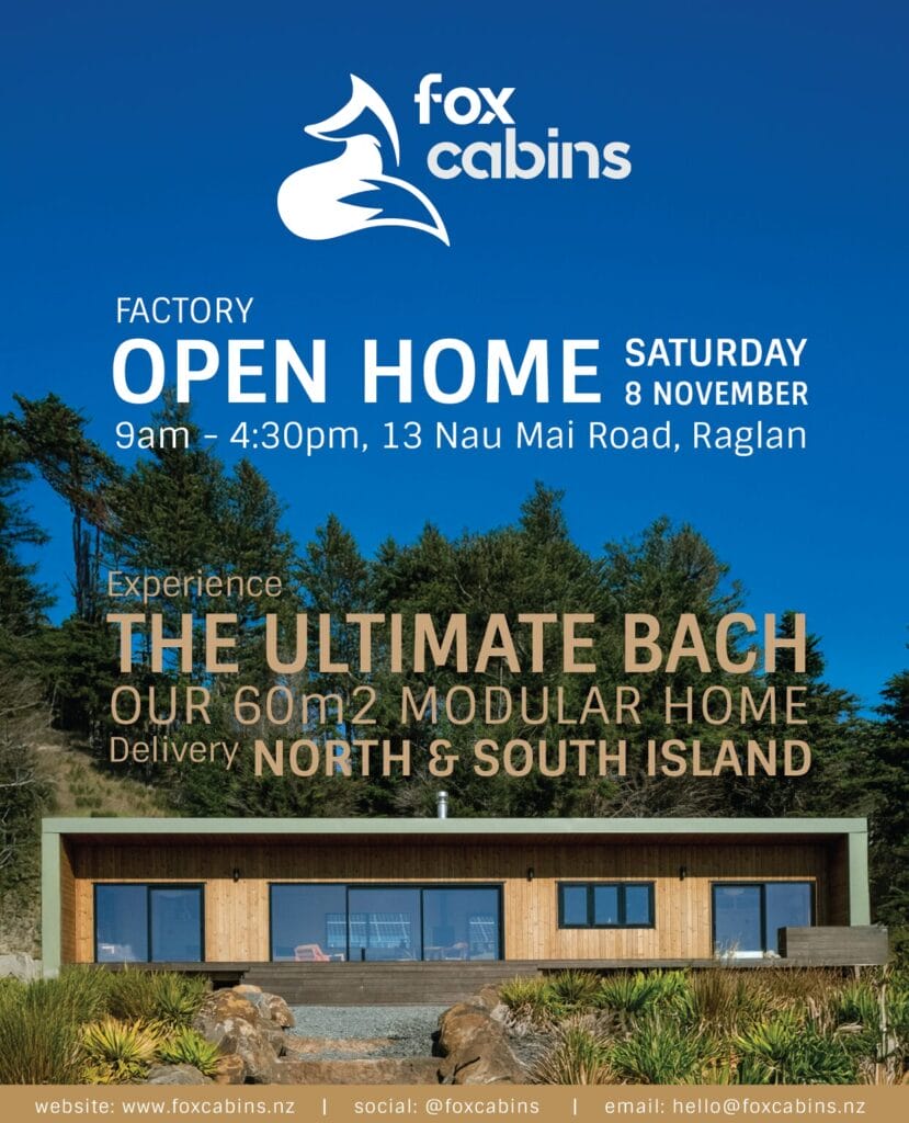 Flyer for Fox Cabins Open Home, 8th November 2025